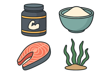 Protein sources icon set vector. Fitness nutrition supplements and healthy food. Bodybuilding whey powder, salmon fish steak and seaweed. Natural diet meal collection.