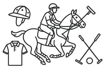 Polo sport outline vector icon set. Line art illustration of a player on horseback with mallet. Equestrian game elements including helmet, ball, and classic polo shirt.