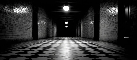 A grayscale tunnel stretches into darkness, lit by hanging lights. Checkerboard floor and brick walls guide the eye