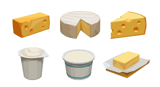 Vector art of collection of dairy products including cheese, yogurt, and butter