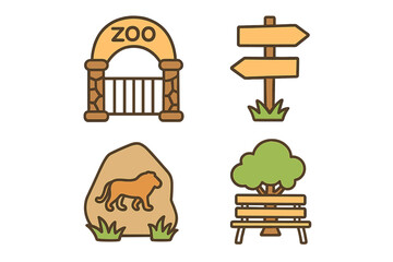 Zoo and park icon set. Collection of vector illustrations for wildlife or amusement park. Includes zoo entrance gate, direction signpost, park bench, and animal rock art.
