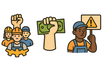 Labor rights icon set. Union workers protest for fair wages and better conditions. Vector illustration of solidarity, raised fist, money, and strike sign for Labor Day.