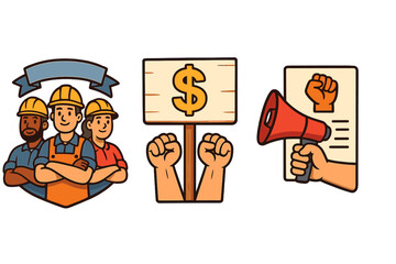 Labor day icon set. Workers rights, union protest for fair wages. Diverse construction team, fist, megaphone, dollar sign. Cartoon vector illustration for demonstration.