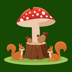 Fairy Tale Mushroom Art with a Large Red and White Amanita Fungi Towering Over Three Small Squirrels on a Stump	