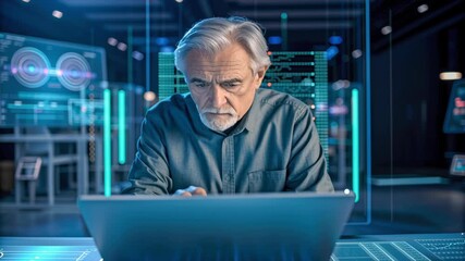 Cybersecurity age of 5g with senior man using laptop high tech control room, advanced technology and data protection modern digital environments - Powered by Adobe