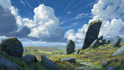 Scenic landscape painting. Cloudy sky over ancient stones, vibrant meadow, distant hills
