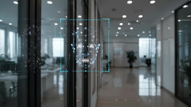 A transparent digital face scan appears on glass doors in a contemporary office, highlighting innovative access control. The image emphasizes smart security and workplace technology trends