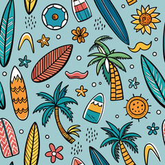 Hand drawn vector seamless pattern with surfboards, palm trees, ocean waves
