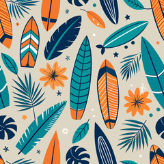 Hand drawn vector seamless pattern with surfboards, palm trees, ocean waves