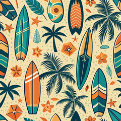Hand drawn vector seamless pattern with surfboards, palm trees, ocean waves
