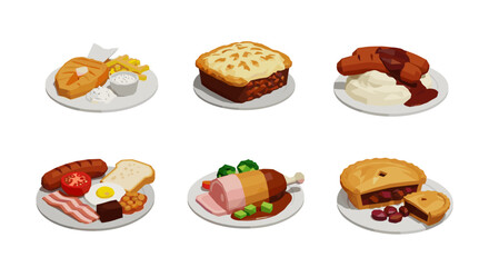 Vector art of collection of six traditional british meals