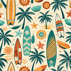 Hand drawn vector seamless pattern with surfboards, palm trees, ocean waves