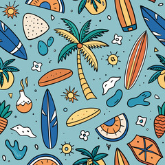 Hand drawn vector seamless pattern with surfboards, palm trees, ocean waves