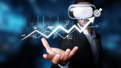 A businessman wearing virtual reality glasses interacts with digital graphs and analytics symbols, representing modern technology role in financial growth and strategic innovation. Raster - Powered by Adobe