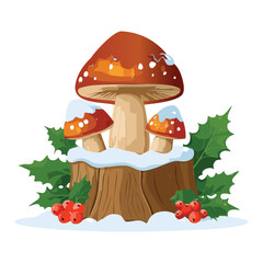 Beautiful edible wild porcini mushroom stands proudly amongst the golden autumn leaves and low-lying groundcover plant in a sunlit woodland	