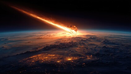 A fiery meteor streaks towards Earth, its trail of destruction igniting the atmosphere