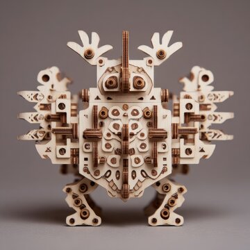 Wooden, intricate, fantastical creature.  Complex, geometric design.  Light beige and brown tones.  Front view
