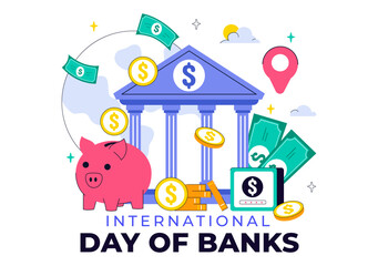 Naklejka premium International Banking Day Vector Illustration Featuring Bank, Money, and Coins to Support Sustainable Development and Global Economic Stability