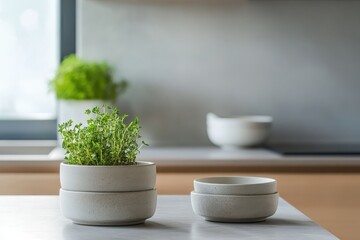 Two white bowls with herbs in them on a table
