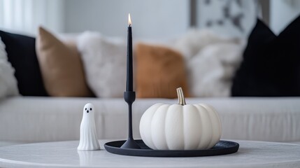 A candle holder with a candle and a white pumpkin