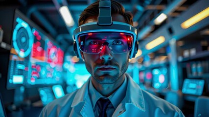 Cybersecurity in age of 5g as scientist with smart glasses in high tech laboratory and digital screens explores augmented reality headset innovations - Powered by Adobe