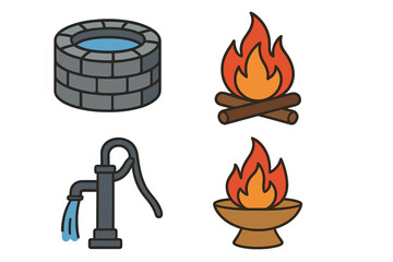 Vector illustration of water sources and fire symbols. Set of water well, manual water pump, campfire, and ceremonial flame icons for stock use. Transparent background, ordered set.