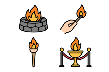 Vector illustration of fire source and ceremonial icons. Collection of campfire, burning torch, matchstick flame, and eternal flame trophy with transparent background, fire elements set.