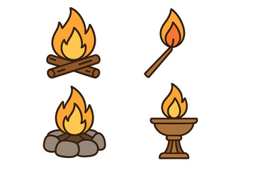 Vector illustration of fire source and ceremonial icons including campfire, matchstick, stone fire pit, and torch flame collection for outdoor and ritual themes, transparent background