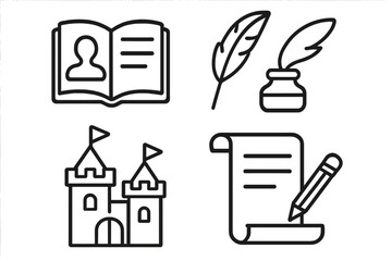 Vector illustration of story icons and writing items collection, book, quill, ink bottle, castle, scroll with pencil, storytelling concept set for web and graphic design
