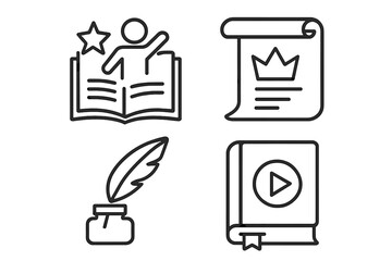 Vector illustration of story and literary items icons, collection of story elements and attributes symbols, creative writing, book, parchment, feather pen, digital media concept