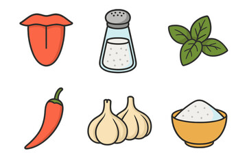 Vector illustration of taste and seasoning icons, organic spice collection with salt, garlic, chili, basil, and lips for flavor, cooking, culinary design, transparent background
