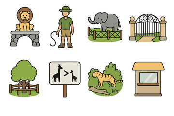 Vector illustration set of zoo and park symbols with animals, zookeeper, tiger, lion, elephant, giraffe sign, tree, gate, and ticket booth, green nature elements, wildlife and outdoor park concept