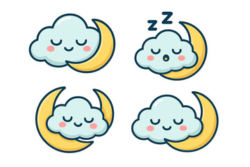 Obraz premium Cute cloud sleeping on the moon. Kawaii character sticker set. Sleepy weather emoji mascot collection. Goodnight and sweet dreams concept. Vector cartoon emoticon icon pack.