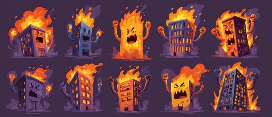 A set of cartoon fire and flames