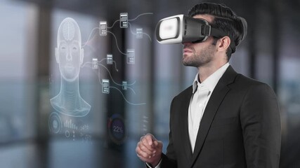 A businessman is immersed in a virtual reality experience, interacting with digital data and graphics in a sleek office space, showcasing the future of technology. Raster - Powered by Adobe
