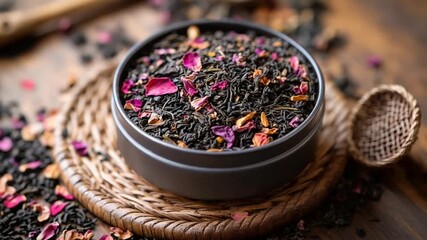 Artisanal Loose Leaf Black Tea Blend with Rose Petals in a Metal Tin.