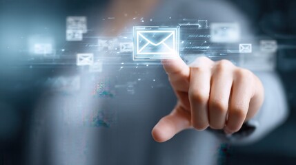 Hand interacting with digital email icon on a futuristic interface