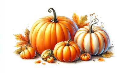 Obraz premium Festive Pumpkin Patch: A vibrant gathering of pumpkins and autumnal leaves evokes the spirit of fall and harvest season in this photorealistic illustration. 