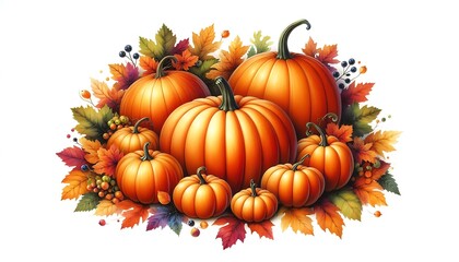 Autumnal Abundance: A vibrant collection of pumpkins and autumn leaves, embodying the warmth and harvest season, set against a backdrop.