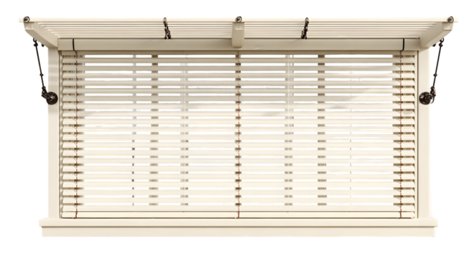 Cream-colored window blind structure, featuring a pergola design with slats, horizontal wooden blinds with a view, and a dark background, depicting a window treatment with elegant, neutral tones.