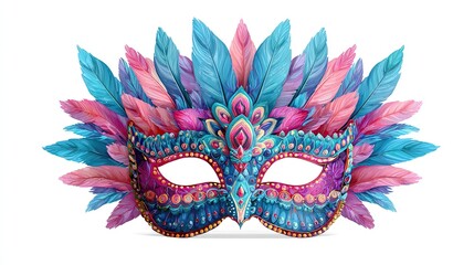A vibrantly colored masquerade mask adorned with layered feathers and intricate decorative detailing