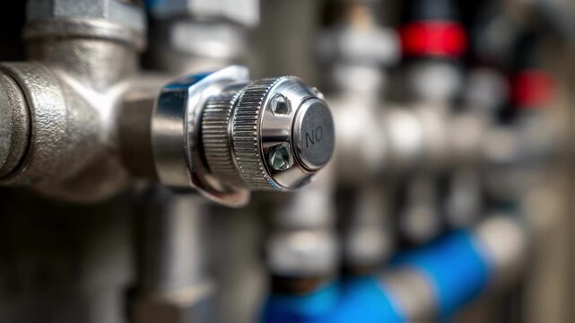 Closeup medium shot of a modern flow control valve in a plumbing system precise adjustment knob highlighted against an outoffocus pipe network.