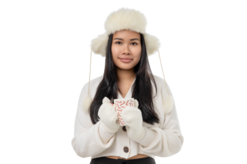 A young woman holds a festive Christmas cup, isolated, PNG