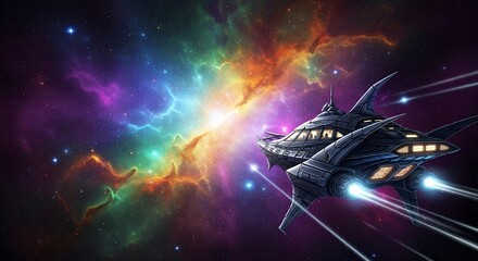 Futuristic spacecraft sailing through a vibrant nebula with trailing lights, concept for cosmic exploration, science fiction illustration and space adventure themes