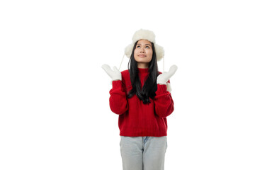 Woman looking up with joy wearing winter clothing, isolated, PNG