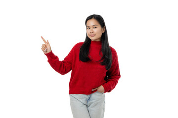 Woman in red sweater celebrates winter joy, isolated, PNG