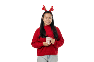 Woman sips a warm drink in Christmas attire, isolated, PNG