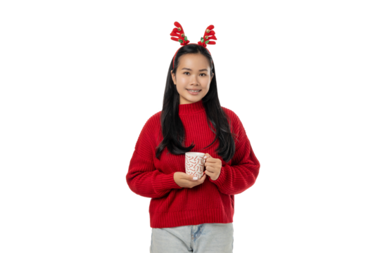 Woman sips a warm drink in Christmas attire, isolated, PNG