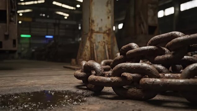 Heavy rusted industrial chain lies on gritty factory floor with puddles