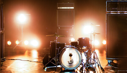 musical concert show background with stage musical equipment and instruments